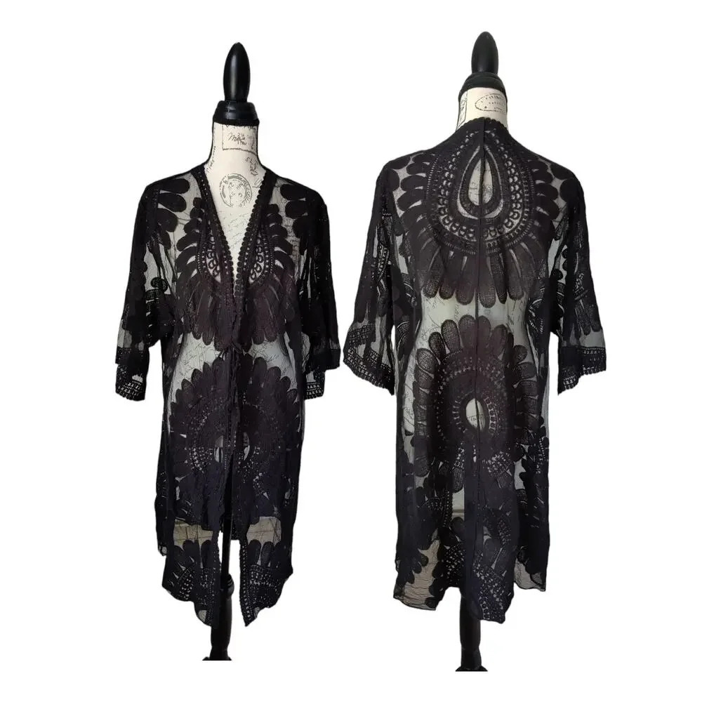 C.OC.‎ Black Lace Crochet Sheer 3/4 Sleeve Kimono Cover-Up One Size Curvy Fit